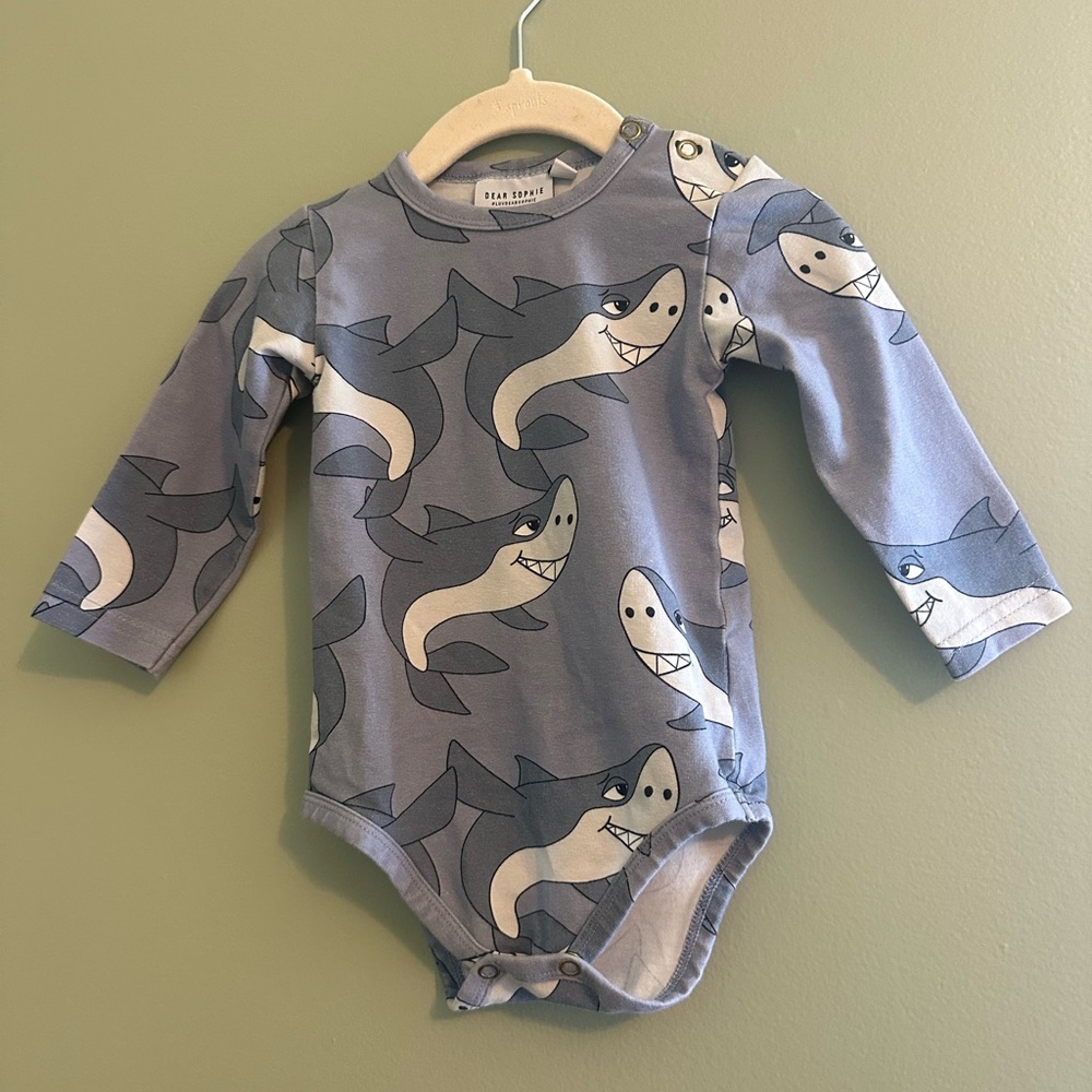 Blue Shark Print Long-Sleeve One-Piece 12m
